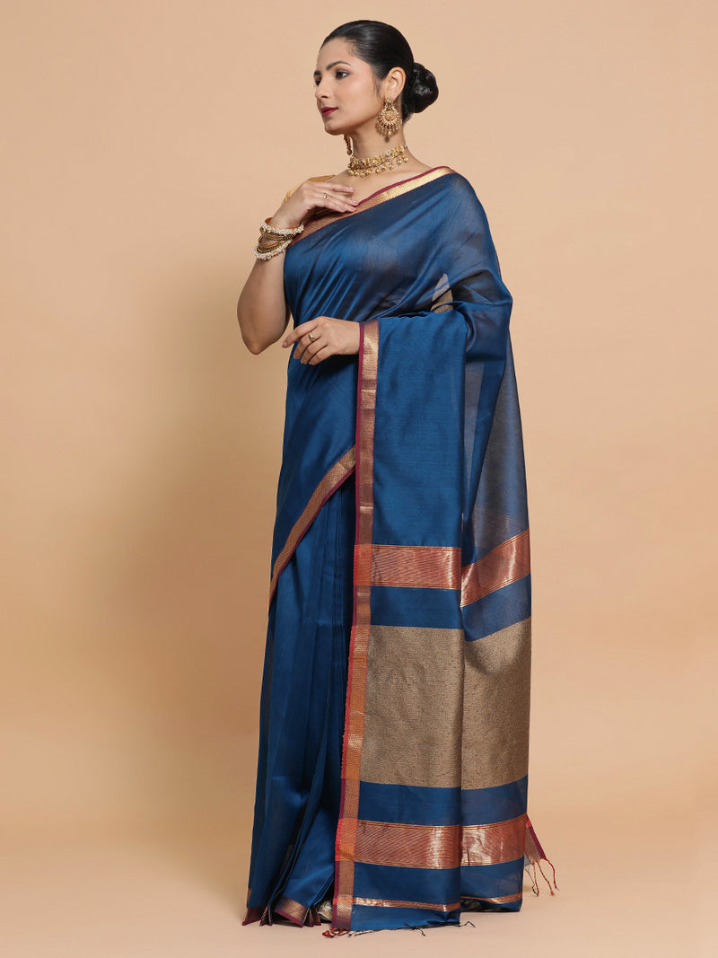 Maheshwari Handloom Pure Silk Cotton Peacock Blue Saree with Kosa pallu-Binks