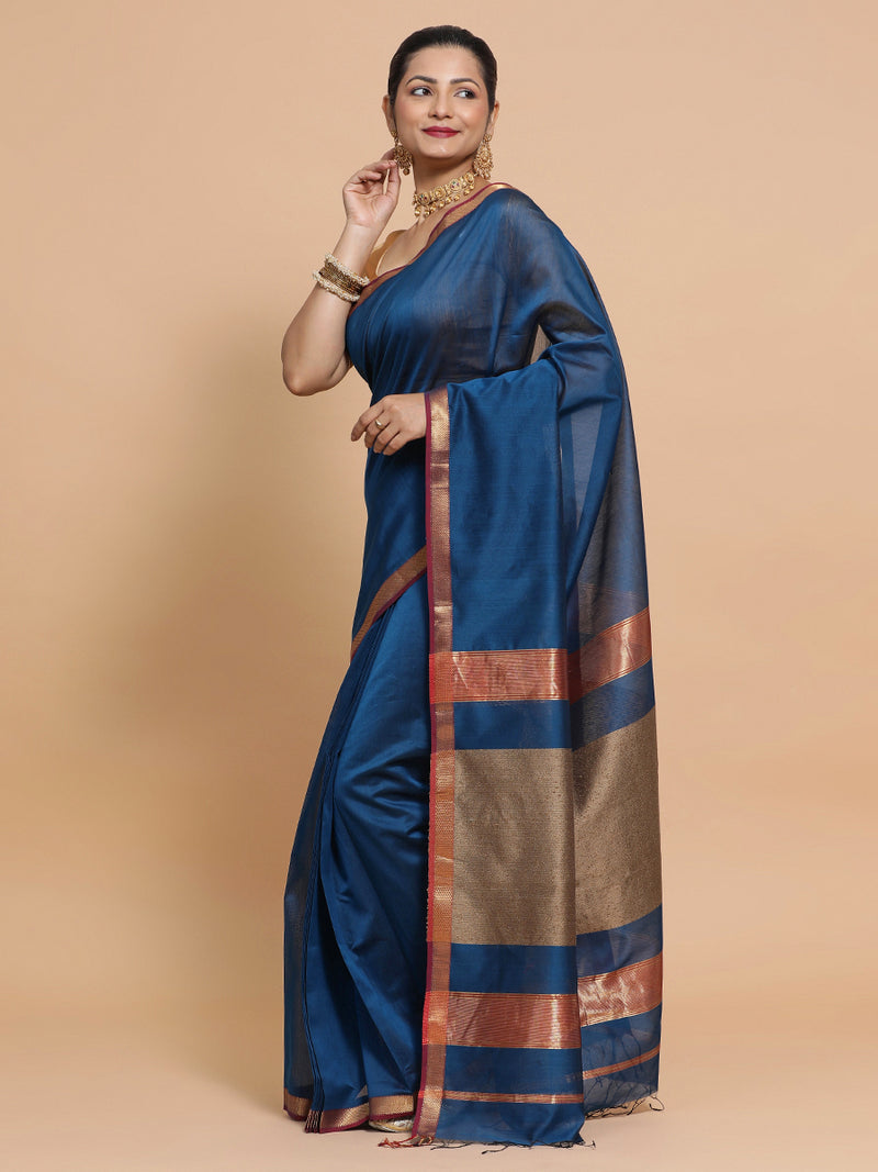 Maheshwari Handloom Pure Silk Cotton Peacock Blue Saree with Kosa pallu-Binks