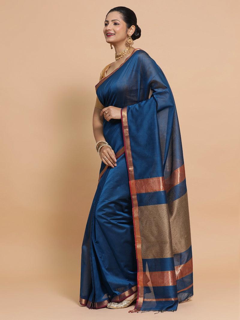 Maheshwari Handloom Pure Silk Cotton Peacock Blue Saree with Kosa pallu-Binks