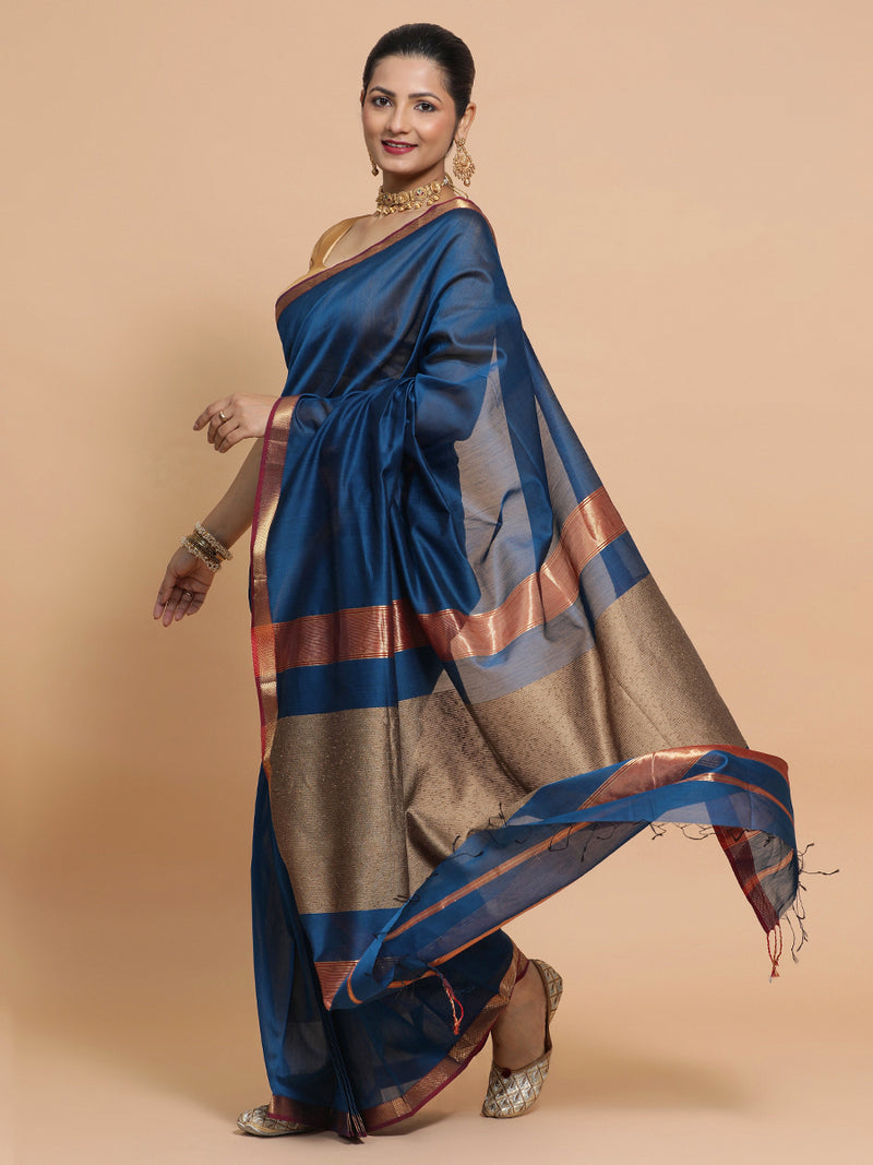 Maheshwari Handloom Pure Silk Cotton Peacock Blue Saree with Kosa pallu-Binks