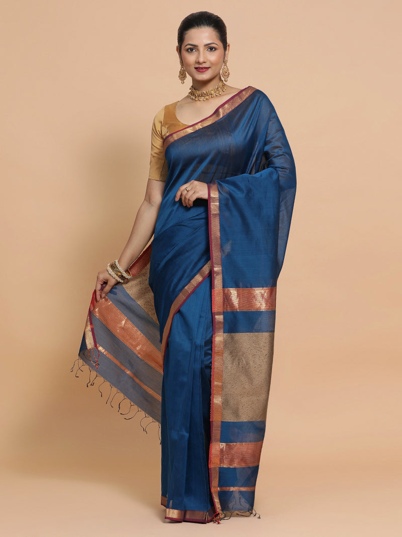 Maheshwari Handloom Pure Silk Cotton Peacock Blue Saree with Kosa pallu-Binks