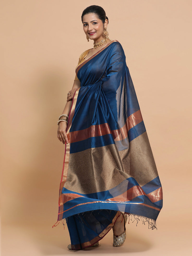Maheshwari Handloom Pure Silk Cotton Peacock Blue Saree with Kosa pallu-Binks
