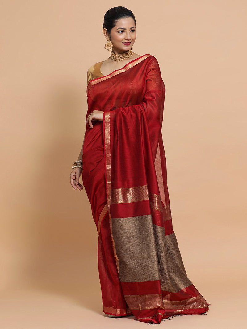 Maheshwari Handloom Pure Silk Cotton Red Saree with Kosa pallu-Binks