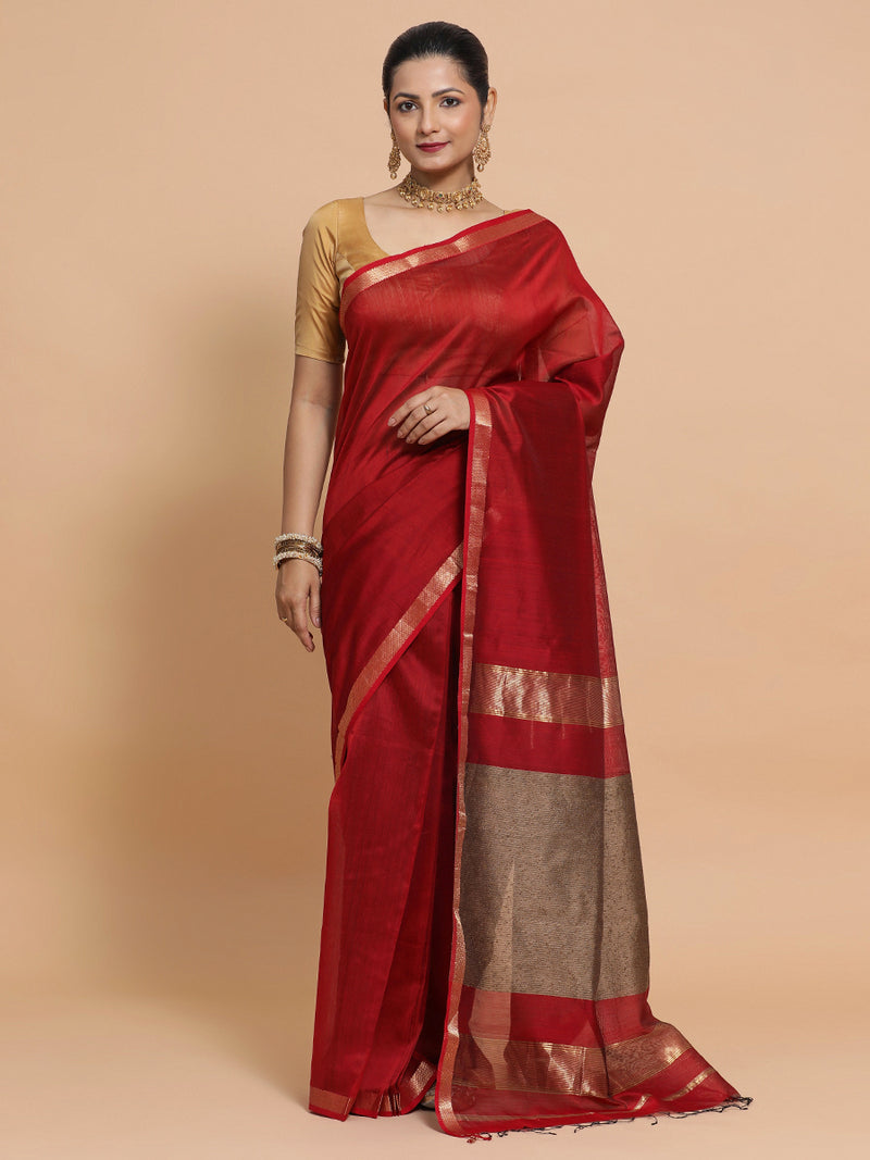 Maheshwari Handloom Pure Silk Cotton Red Saree with Kosa pallu-Binks