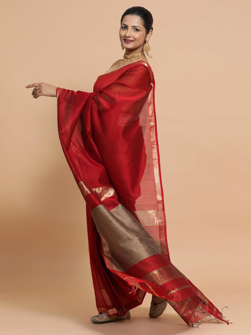 Maheshwari Handloom Pure Silk Cotton Red Saree with Kosa pallu-Binks