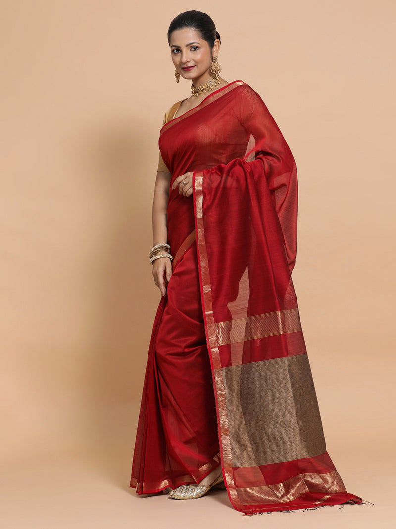 Maheshwari Handloom Pure Silk Cotton Red Saree with Kosa pallu-Binks