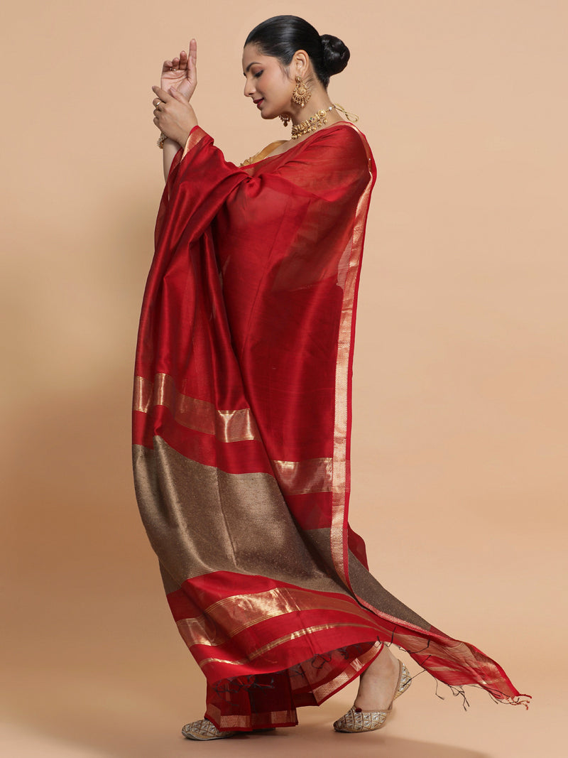 Maheshwari Handloom Pure Silk Cotton Red Saree with Kosa pallu-Binks