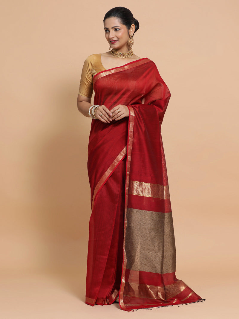 Maheshwari Handloom Pure Silk Cotton Red Saree with Kosa pallu-Binks