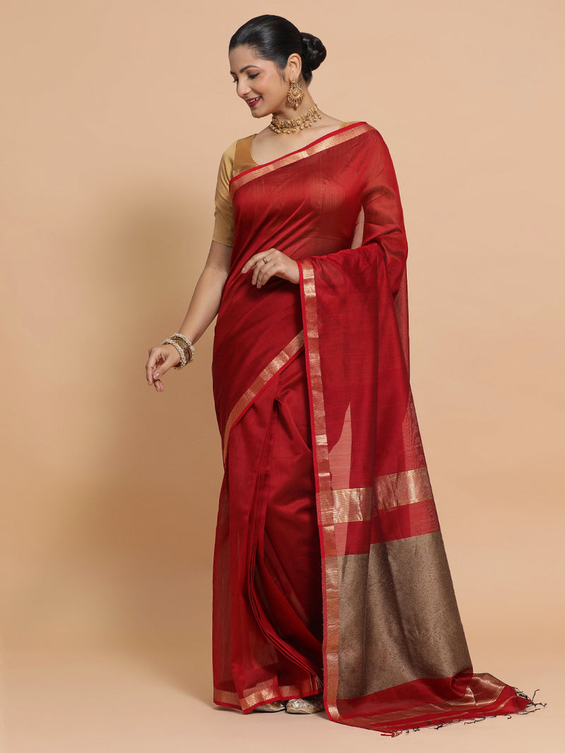 Maheshwari Handloom Pure Silk Cotton Red Saree with Kosa pallu-Binks