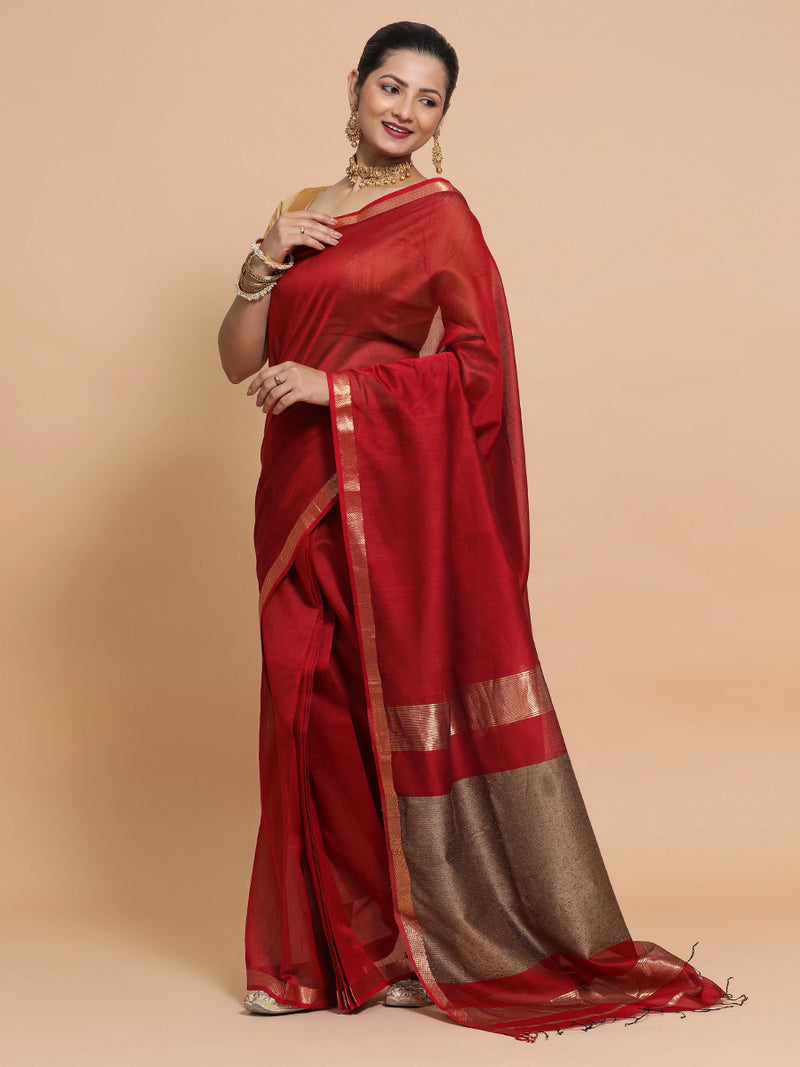 Maheshwari Handloom Pure Silk Cotton Red Saree with Kosa pallu-Binks