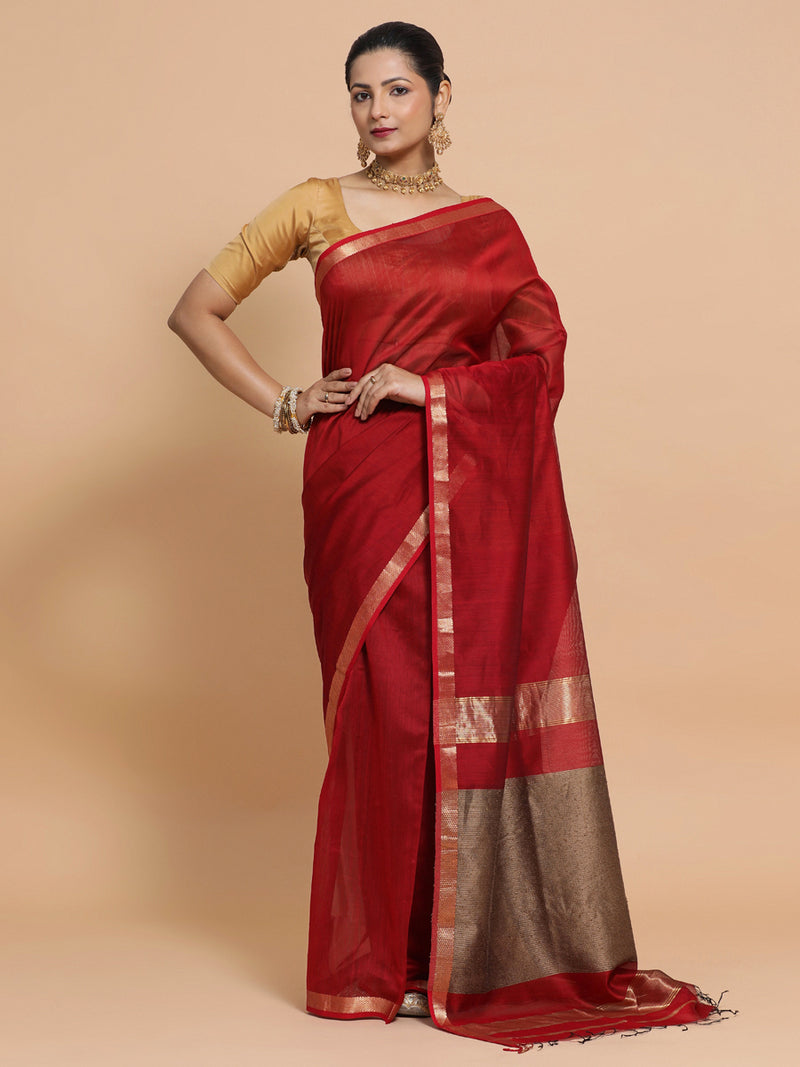 Maheshwari Handloom Pure Silk Cotton Red Saree with Kosa pallu-Binks