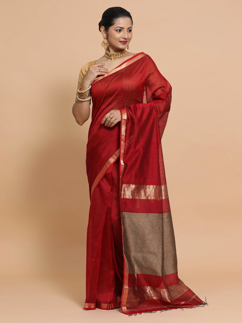 Maheshwari Handloom Pure Silk Cotton Red Saree with Kosa pallu-Binks