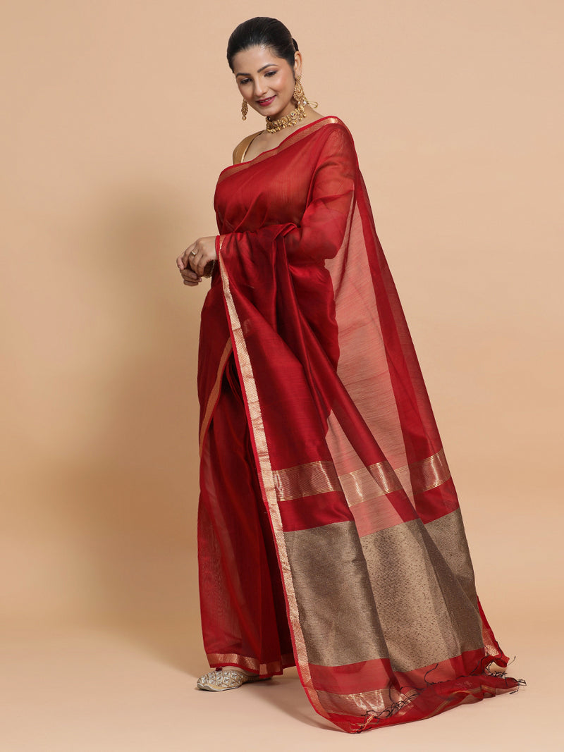 Maheshwari Handloom Pure Silk Cotton Red Saree with Kosa pallu-Binks