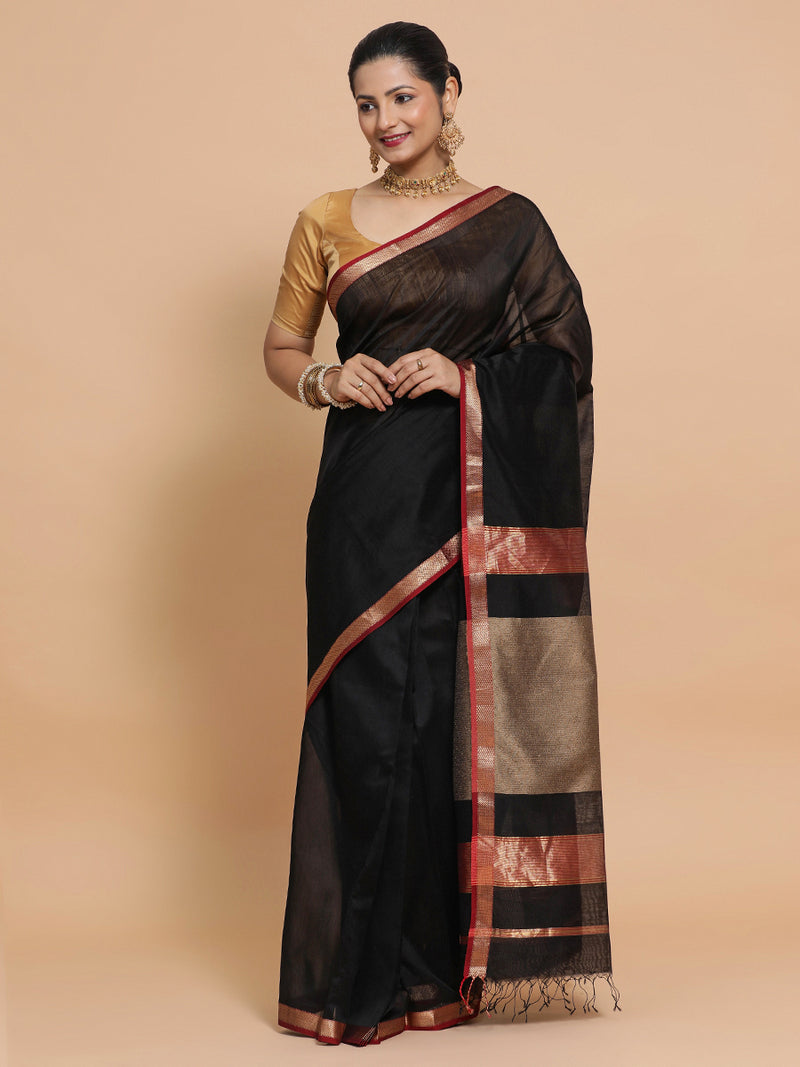 Maheshwari Black Saree with Kosa pallu-Binks