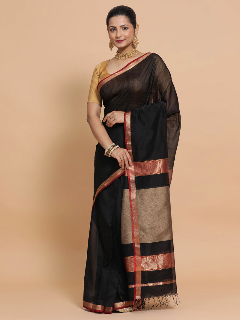 Maheshwari Black Saree with Kosa pallu-Binks