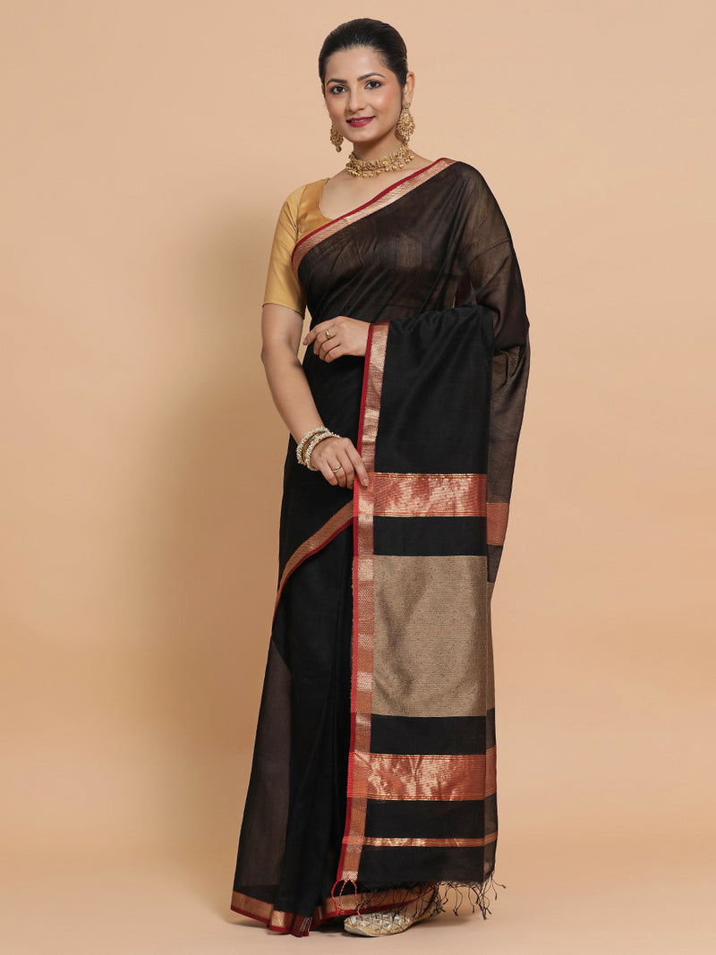 Maheshwari Black Saree with Kosa pallu-Binks