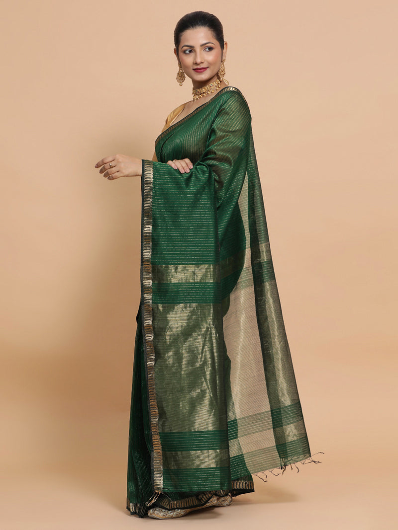 Maheshwari Handloom Pure Silk Cotton Dark Green Saree with Golden Zari Border-Binks