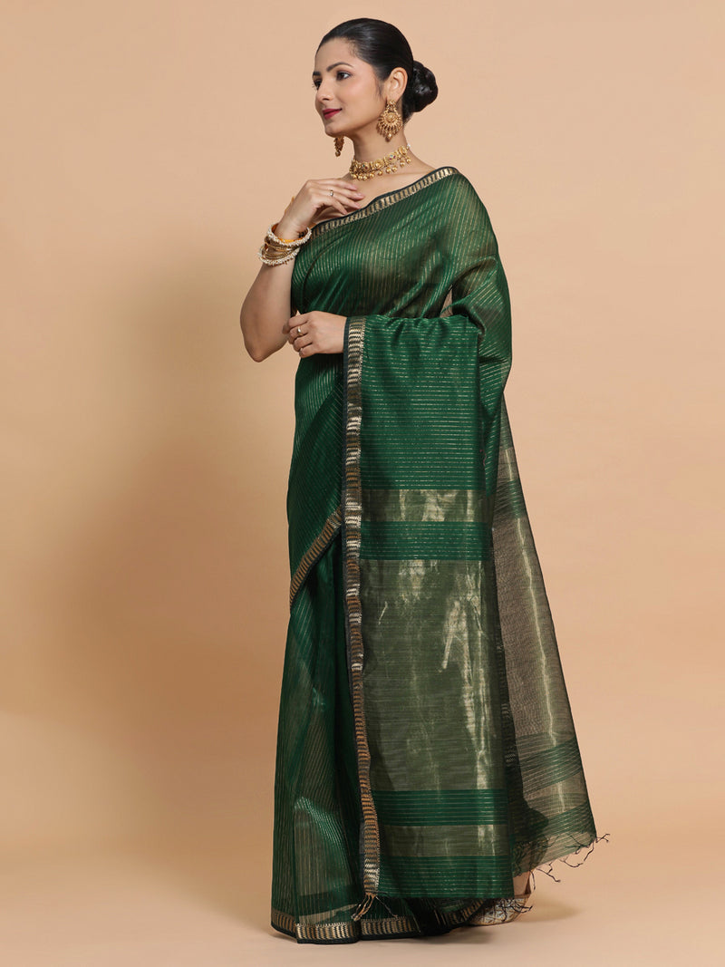 Maheshwari Handloom Pure Silk Cotton Dark Green Saree with Golden Zari Border-Binks