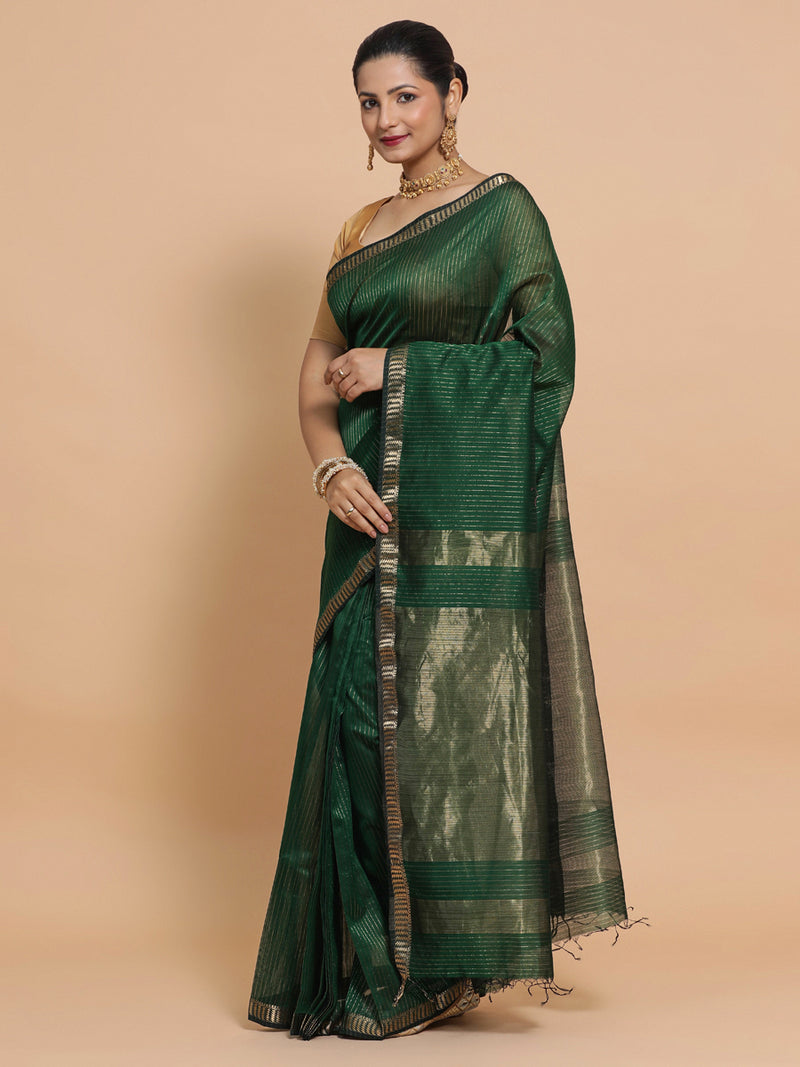 Maheshwari Handloom Pure Silk Cotton Dark Green Saree with Golden Zari Border-Binks
