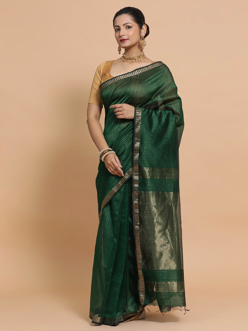 Maheshwari Handloom Pure Silk Cotton Dark Green Saree with Golden Zari Border-Binks