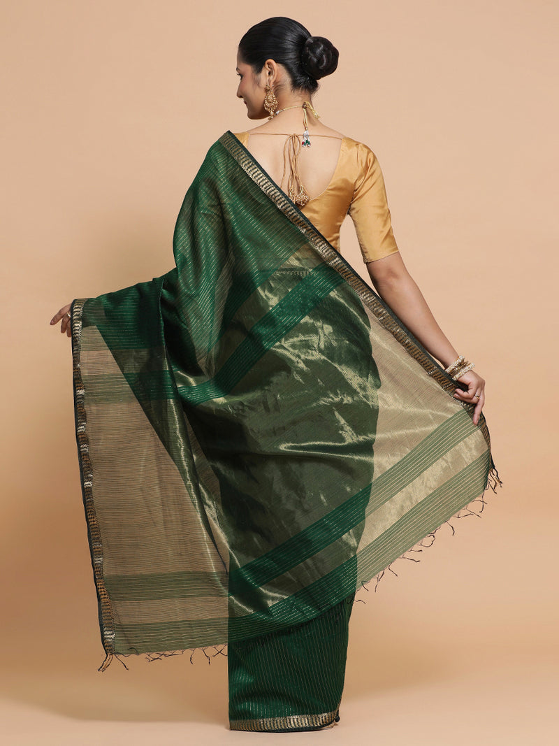 Maheshwari Handloom Pure Silk Cotton Dark Green Saree with Golden Zari Border-Binks