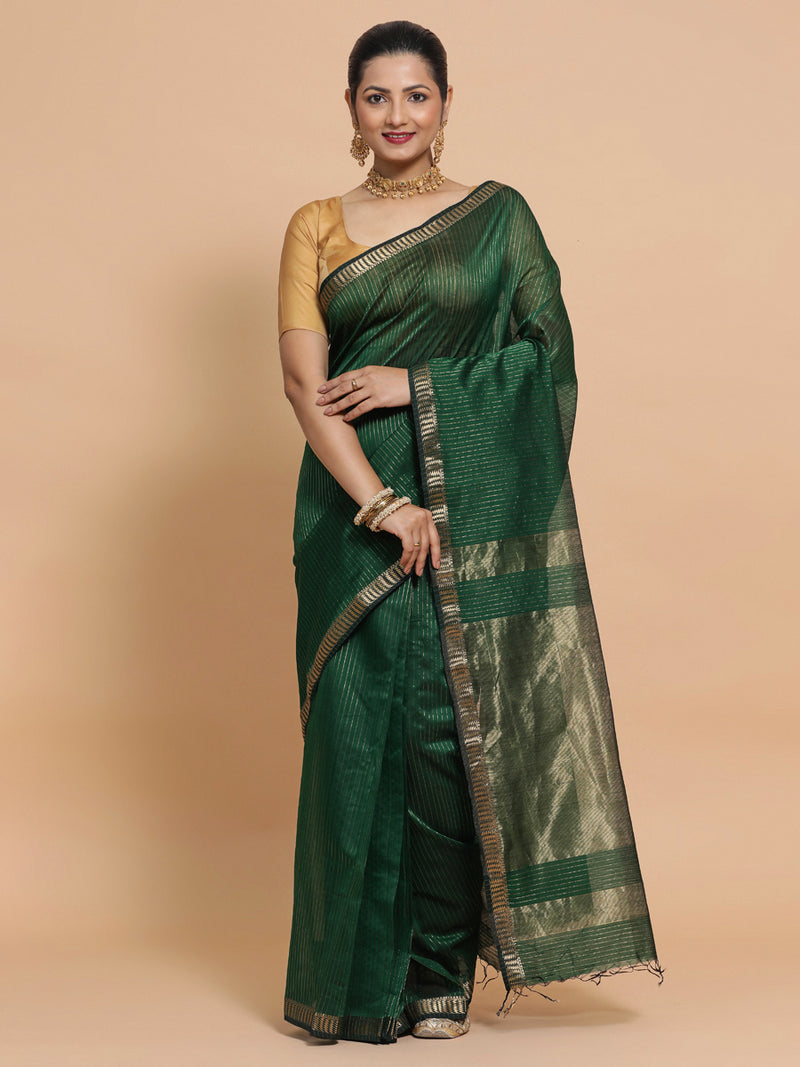 Maheshwari Handloom Pure Silk Cotton Dark Green Saree with Golden Zari Border-Binks