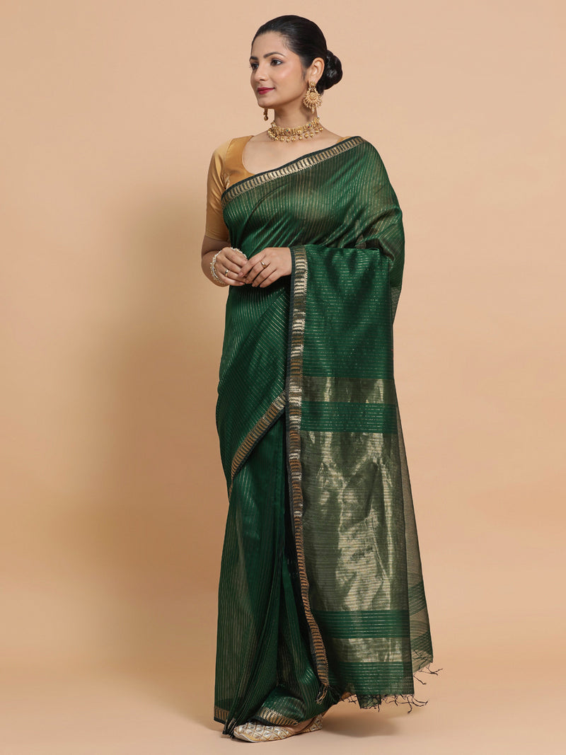 Maheshwari Handloom Pure Silk Cotton Dark Green Saree with Golden Zari Border-Binks