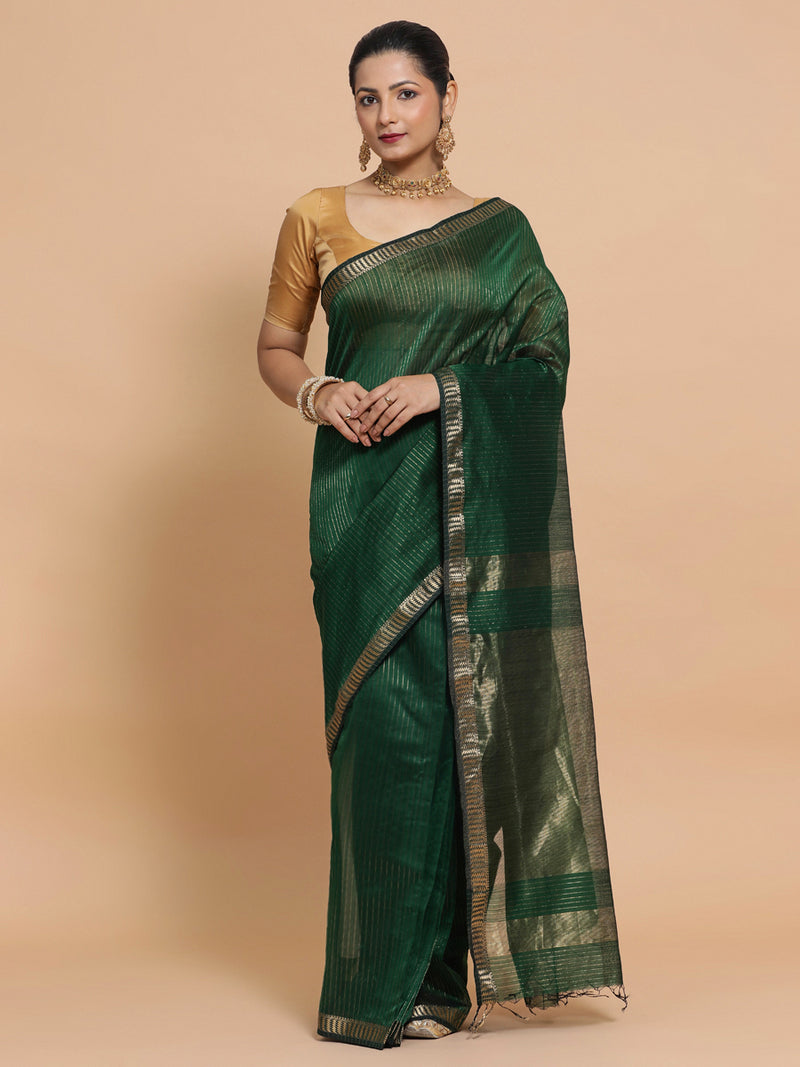 Maheshwari Handloom Pure Silk Cotton Dark Green Saree with Golden Zari Border-Binks