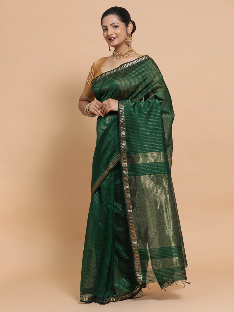 Maheshwari Handloom Pure Silk Cotton Dark Green Saree with Golden Zari Border-Binks