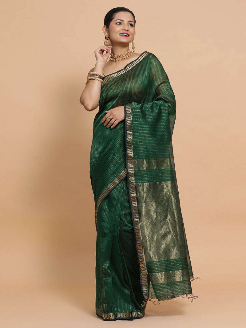 Maheshwari Handloom Pure Silk Cotton Dark Green Saree with Golden Zari Border-Binks