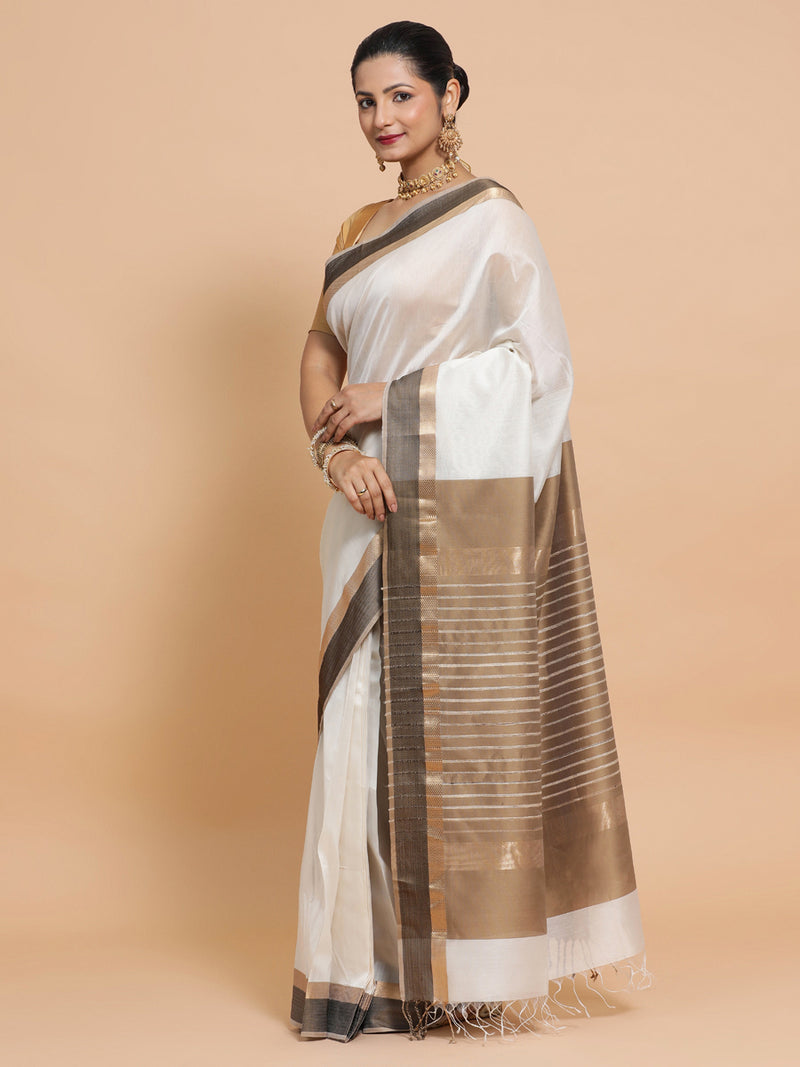 Maheshwari Handloom Pure Silk Cotton White Saree with Golden Zari Border-Binks