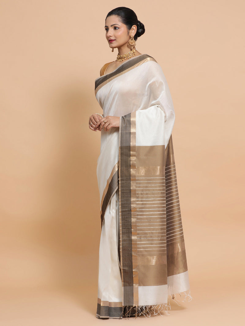 Maheshwari Handloom Pure Silk Cotton White Saree with Golden Zari Border-Binks