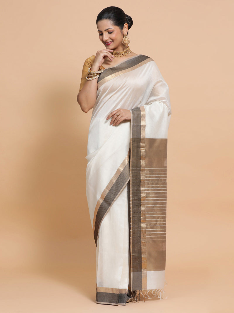 Maheshwari Handloom Pure Silk Cotton White Saree with Golden Zari Border-Binks
