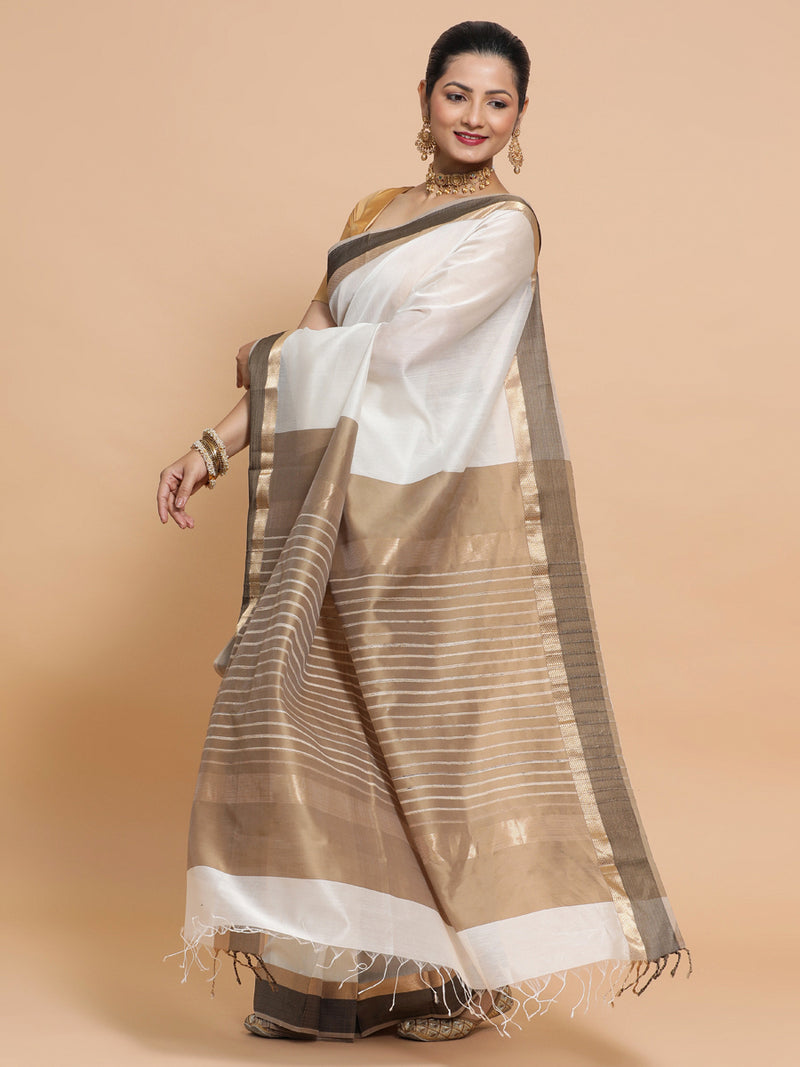 Maheshwari Handloom Pure Silk Cotton White Saree with Golden Zari Border-Binks
