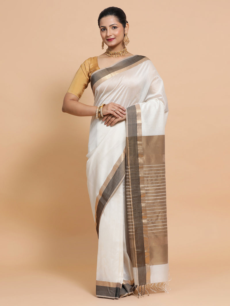 Maheshwari Handloom Pure Silk Cotton White Saree with Golden Zari Border-Binks