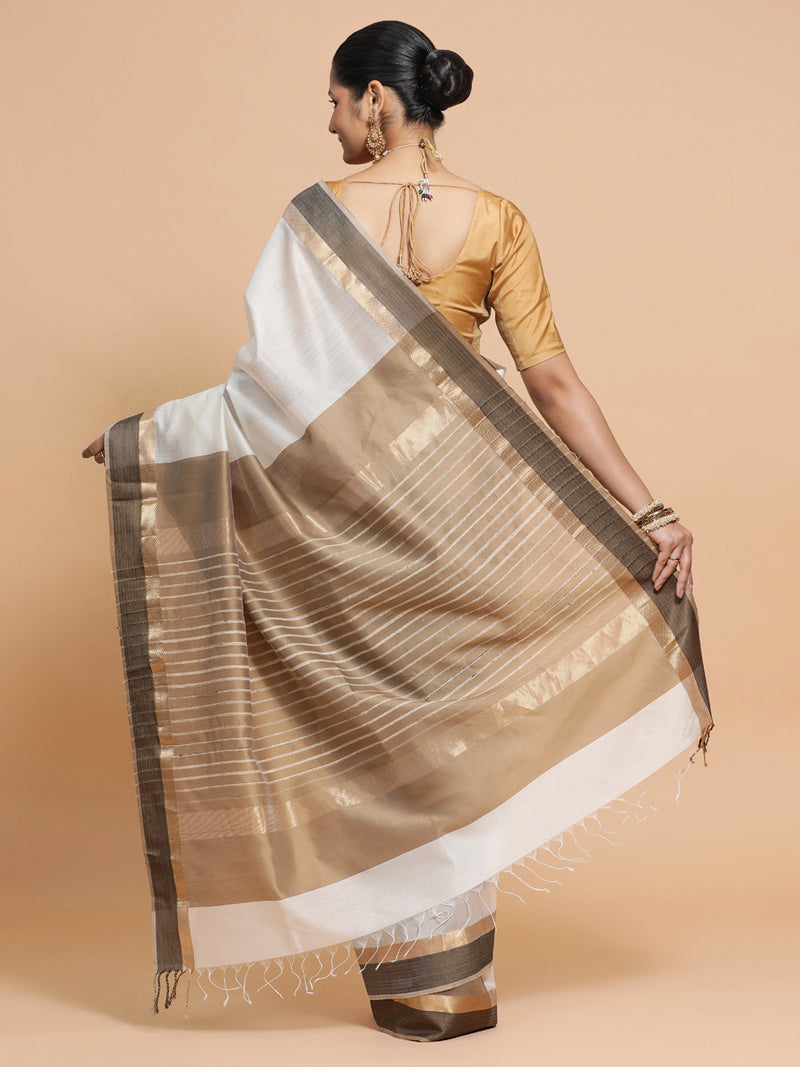 Maheshwari Handloom Pure Silk Cotton White Saree with Golden Zari Border-Binks