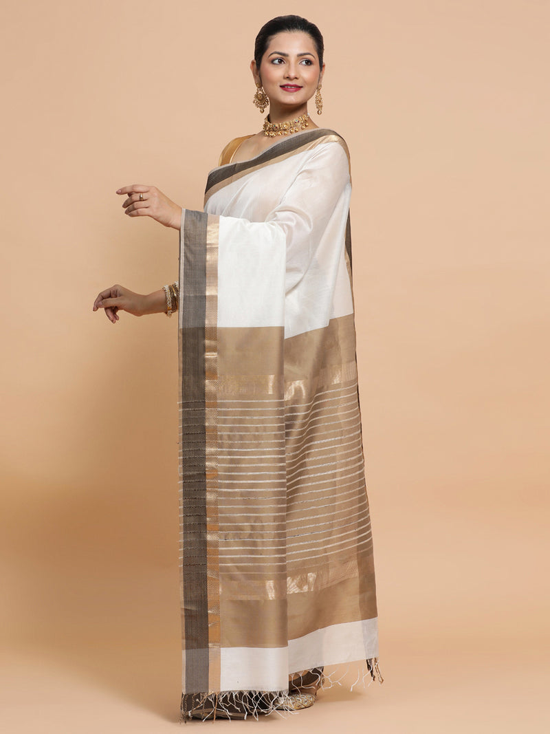 Maheshwari Handloom Pure Silk Cotton White Saree with Golden Zari Border-Binks