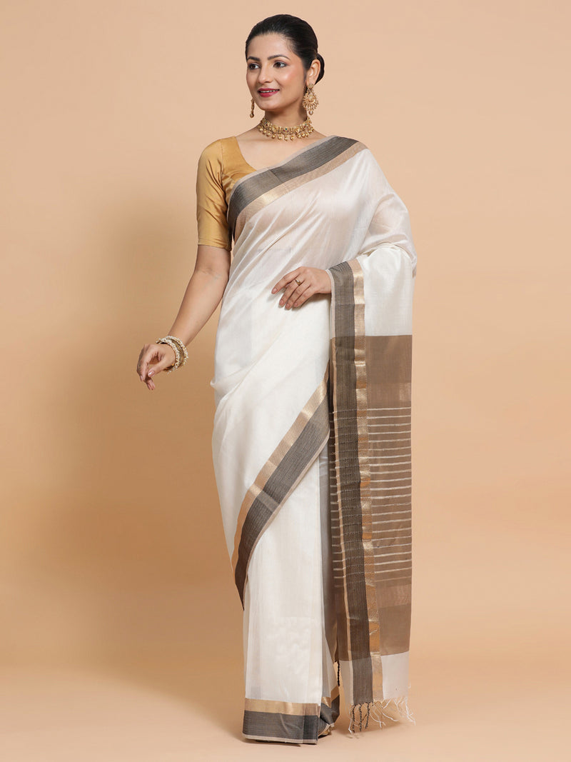 Maheshwari Handloom Pure Silk Cotton White Saree with Golden Zari Border-Binks