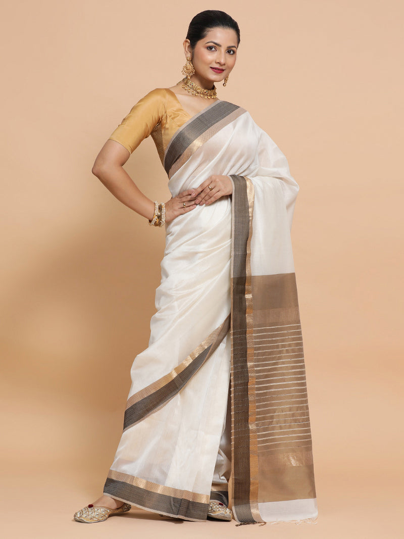 Maheshwari Handloom Pure Silk Cotton White Saree with Golden Zari Border-Binks