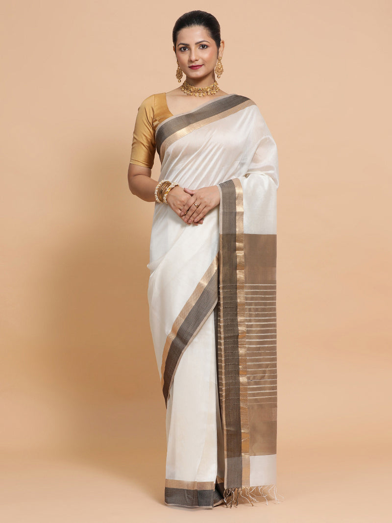 Maheshwari Handloom Pure Silk Cotton White Saree with Golden Zari Border-Binks