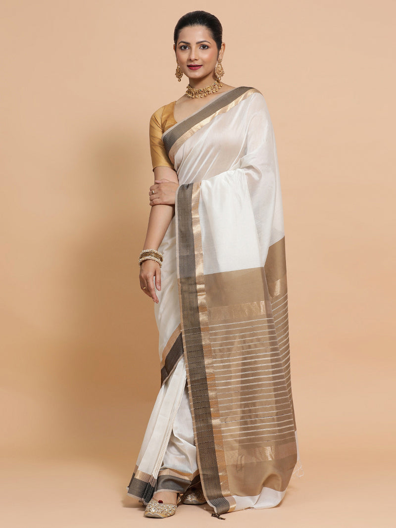 Maheshwari Handloom Pure Silk Cotton White Saree with Golden Zari Border-Binks