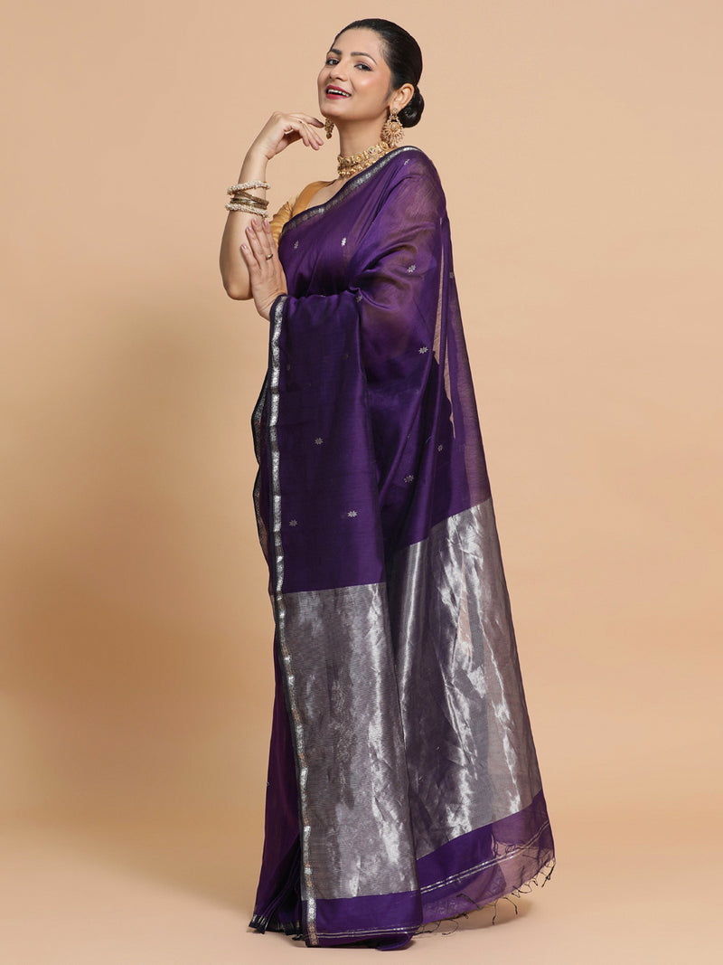 Maheshwari Handloom Pure Silk Cotton Purple Saree with Silver Zari Border-Binks