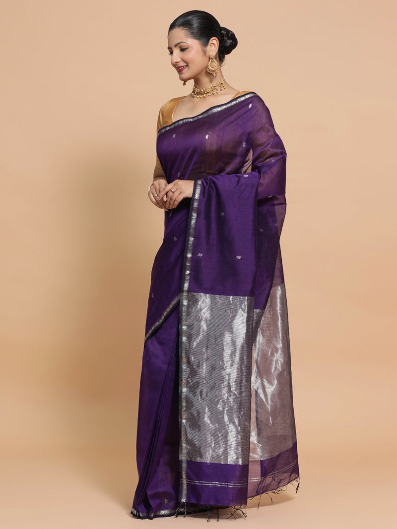 Maheshwari Handloom Pure Silk Cotton Purple Saree with Silver Zari Border-Binks