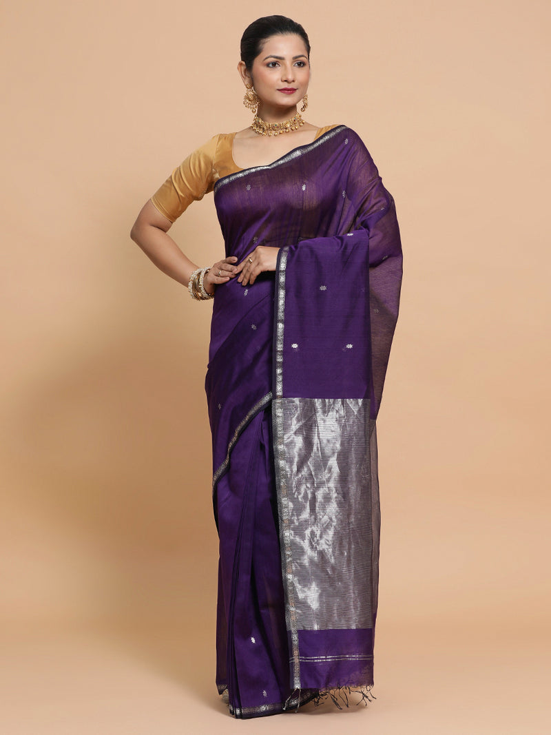 Maheshwari Handloom Pure Silk Cotton Purple Saree with Silver Zari Border-Binks