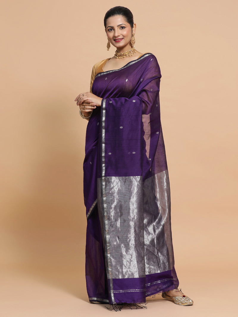 Maheshwari Handloom Pure Silk Cotton Purple Saree with Silver Zari Border-Binks