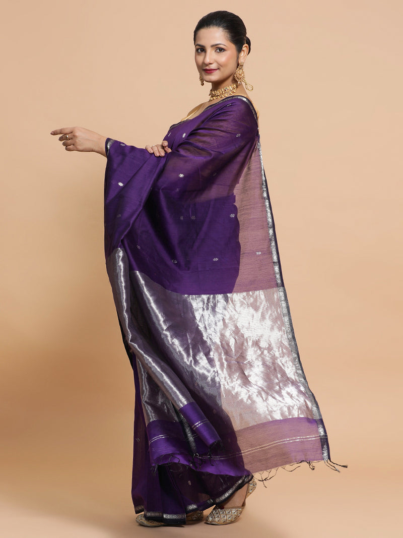 Maheshwari Handloom Pure Silk Cotton Purple Saree with Silver Zari Border-Binks