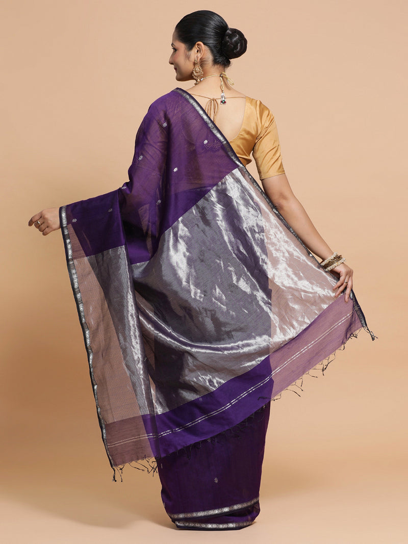 Maheshwari Handloom Pure Silk Cotton Purple Saree with Silver Zari Border-Binks