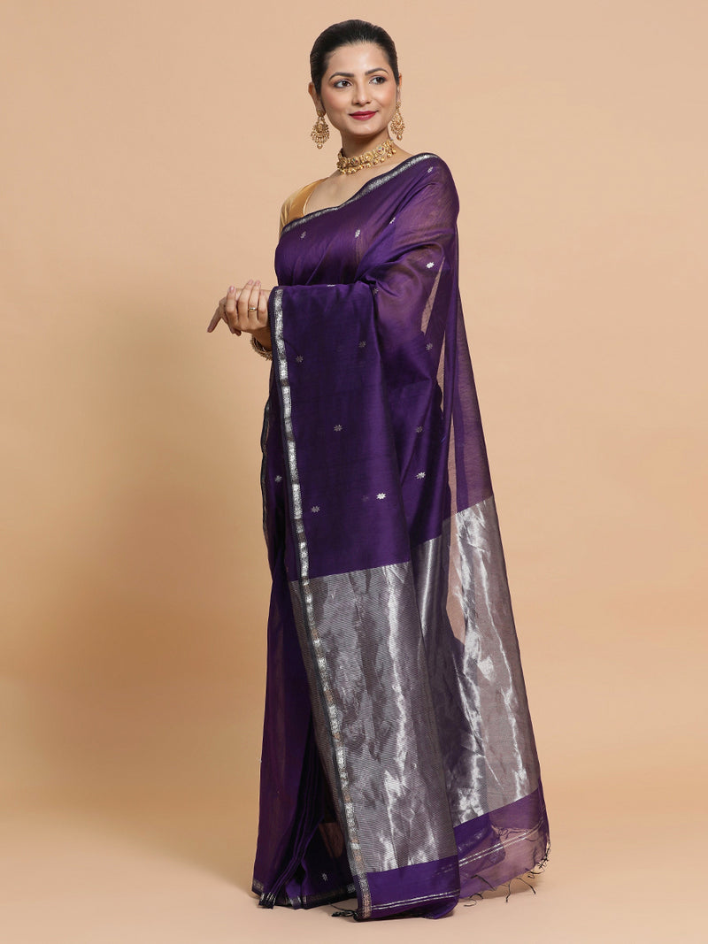 Maheshwari Handloom Pure Silk Cotton Purple Saree with Silver Zari Border-Binks