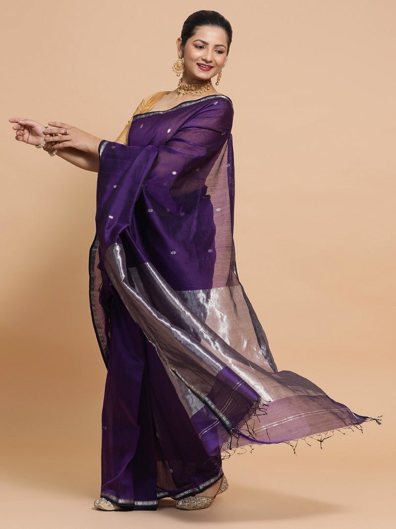 Maheshwari Handloom Pure Silk Cotton Purple Saree with Silver Zari Border-Binks