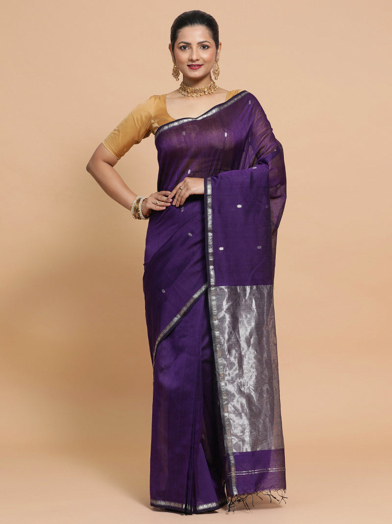 Maheshwari Handloom Pure Silk Cotton Purple Saree with Silver Zari Border-Binks